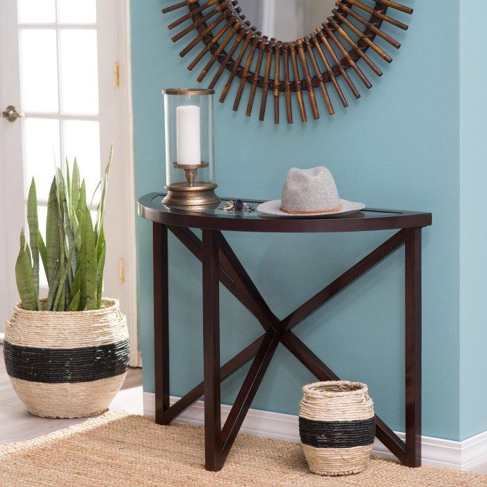 Wooden Half-moon Sofa Table with Glass Top