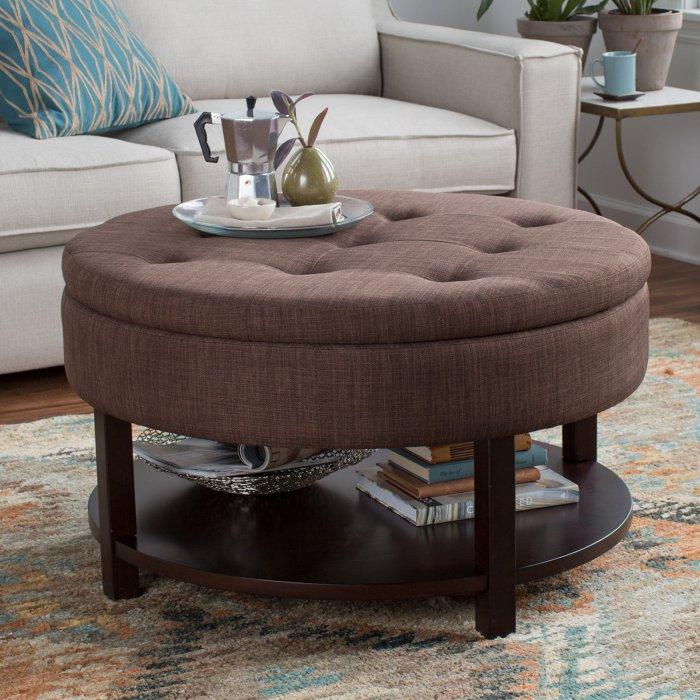 Round  Coffee Table Storage Ottoman with Tray & Shelf