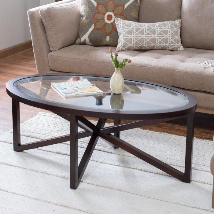 Oval Wooden Coffee Table with Glass Top