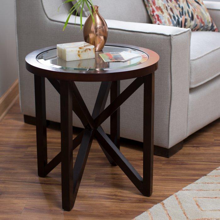 Round Wooden Side Table with Glass Top