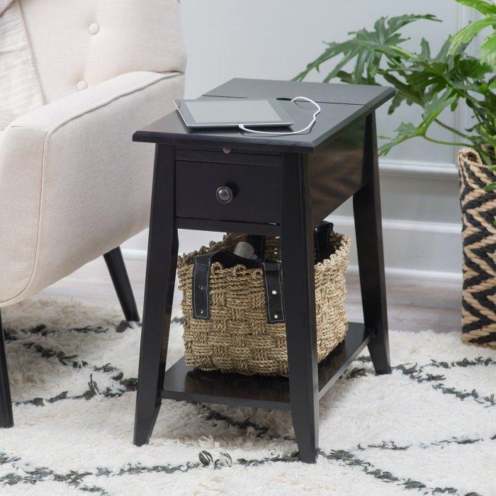 Davis Chairside Table with Power Outlet in Black Finish