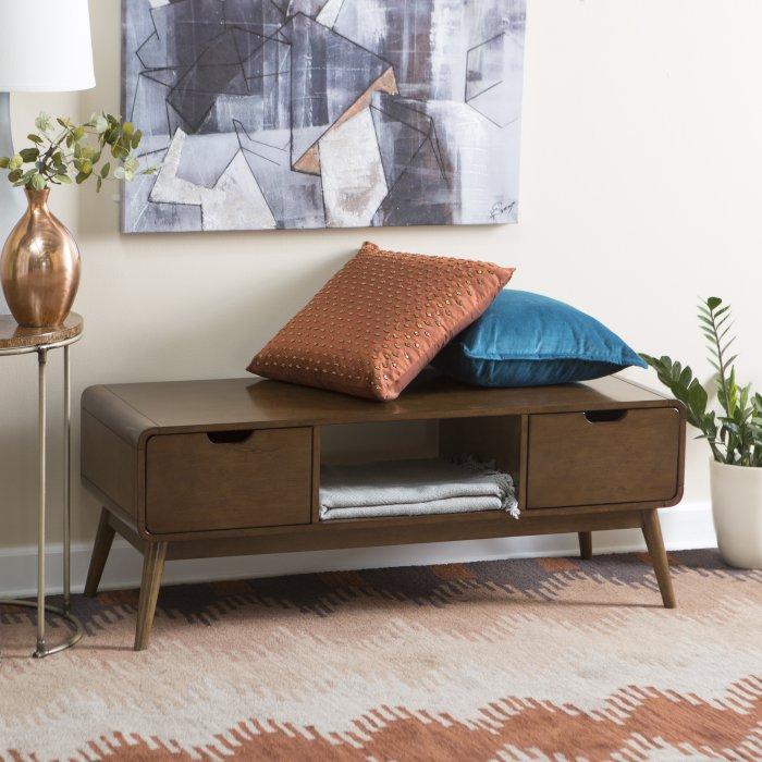 Mid Century Modern Wooden Bench with Two Drawers