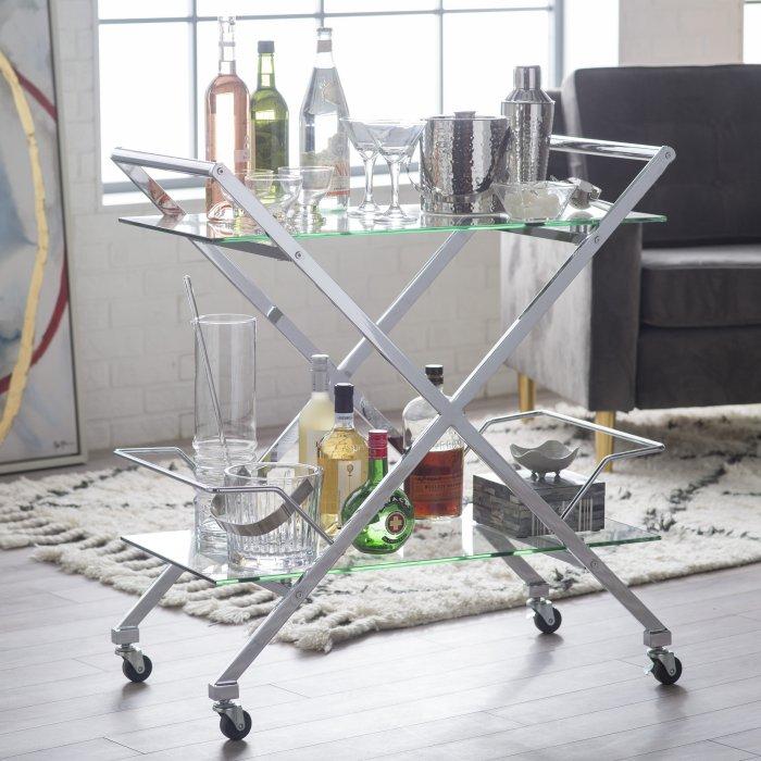 Modern Bar Cart Chrome with Glass Shelves