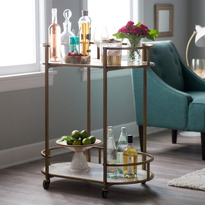 Oval Bar Cart with Marble Shelves