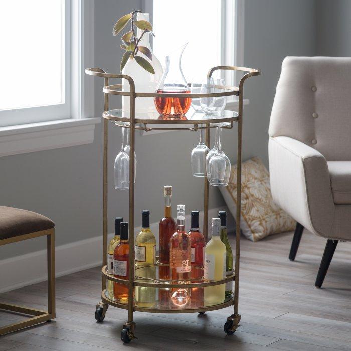 Olivia Round Bar Cart in Anti. Gold Finish