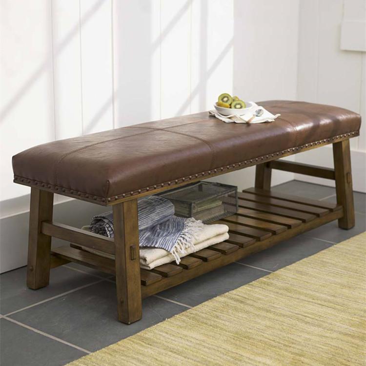 Brown Leather Bench with Shelf